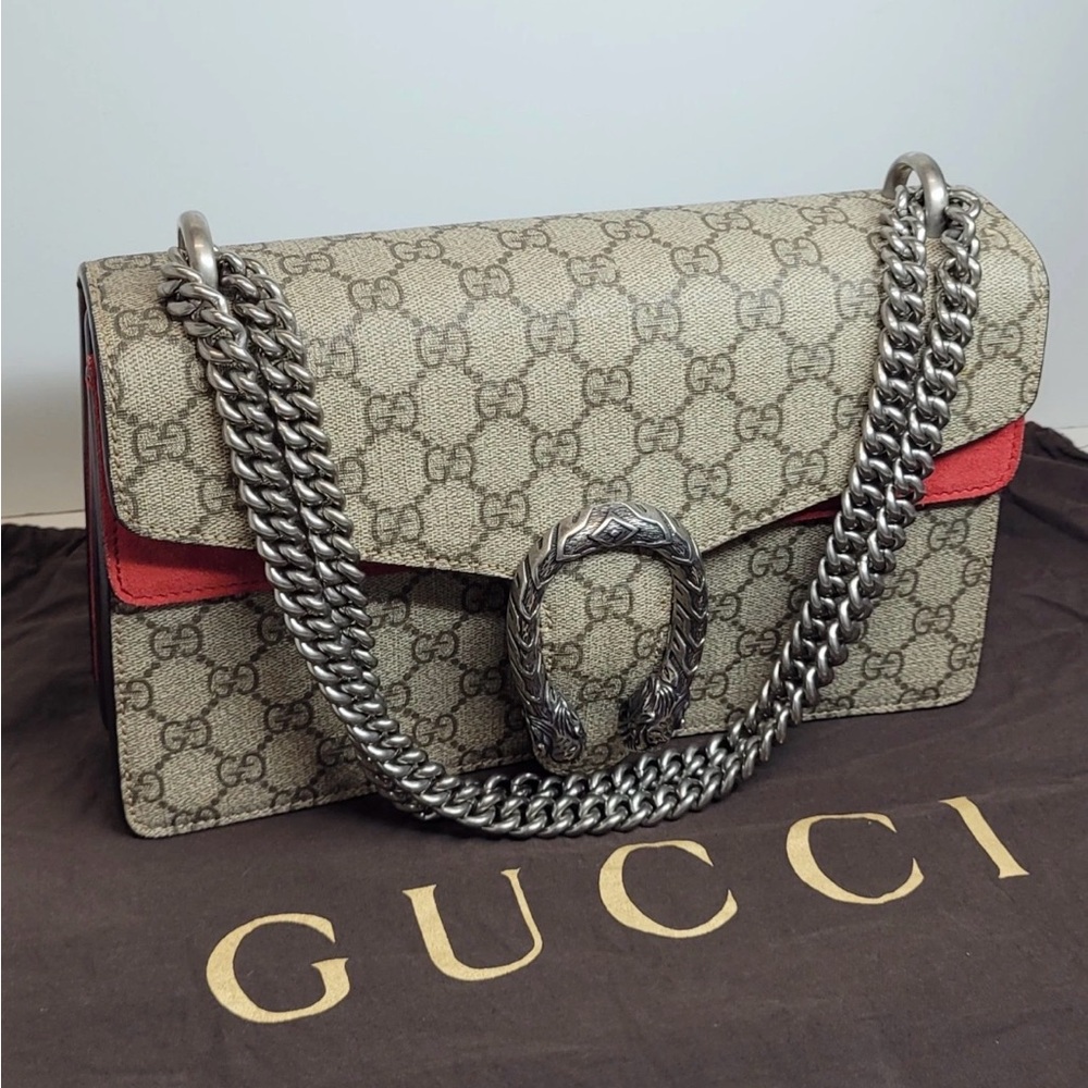 Gucci Beige and Red Shoulder Bag with Silver Chain